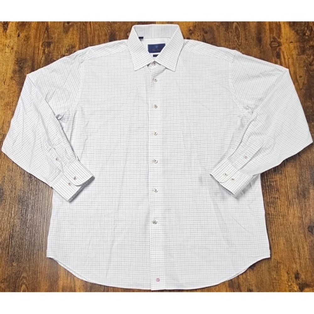 David Donahue Shirt White Blue Windowpane Check Button Up Logo Mens XL 17 34/35